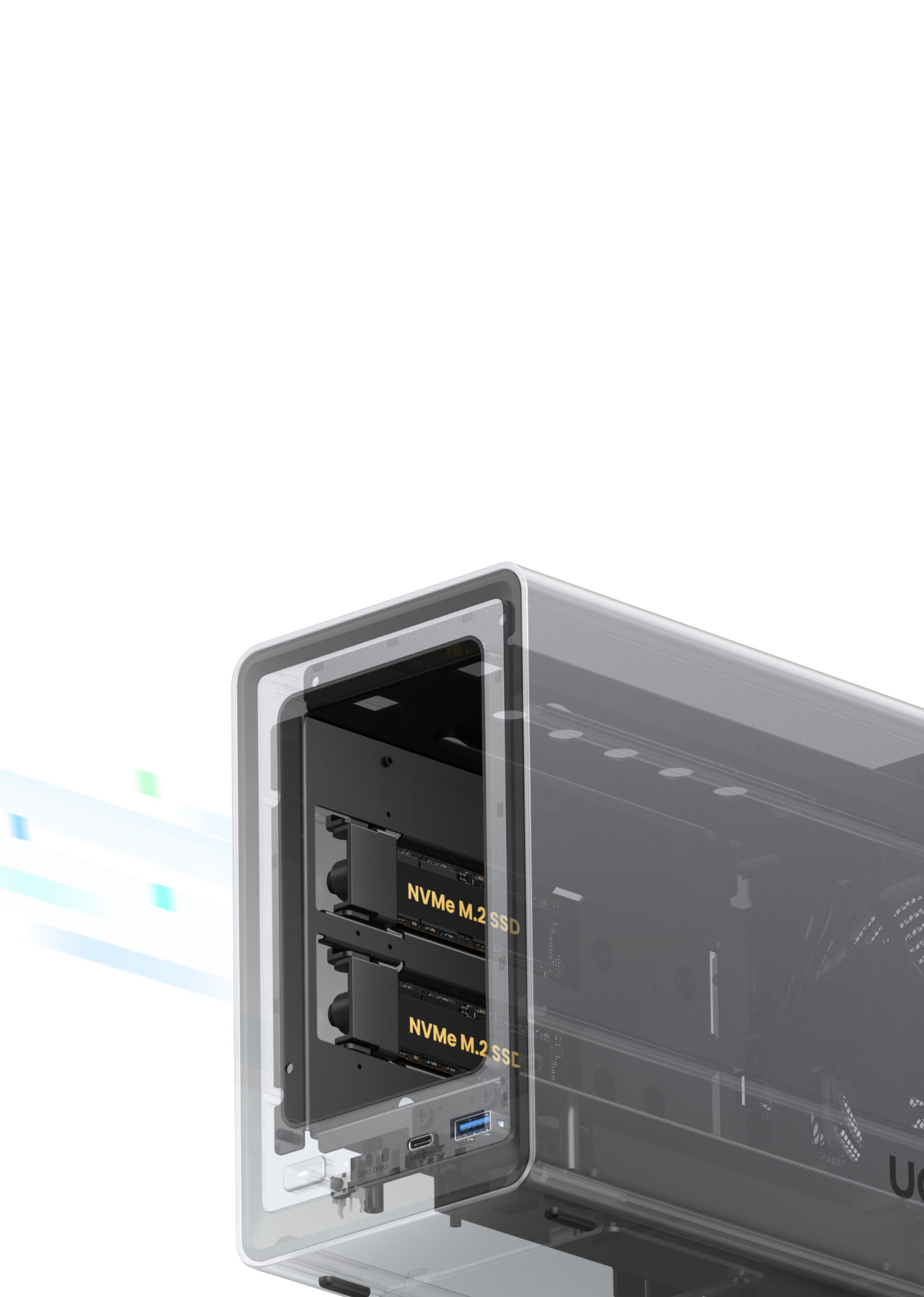 UGREEN NASync DXP2800 NVMe M.2 SSD slots for cache acceleration and faster data access.