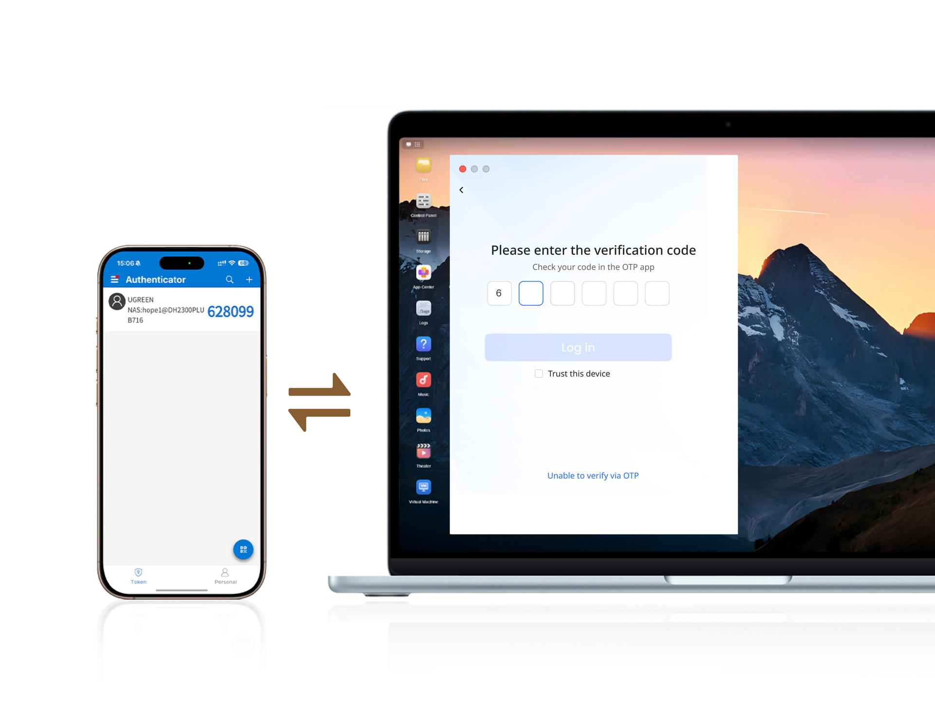 UGREEN NASync DH4300 Plus two-factor authentication graphic showing an authenticator code and OTP verification login screen