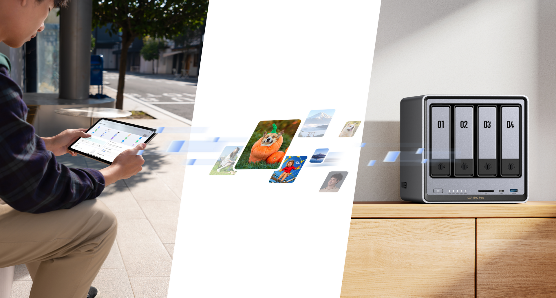UGREEN NASync DXP4800 Plus 2-bay NAS remote access and photo backup from tablet to local storage.