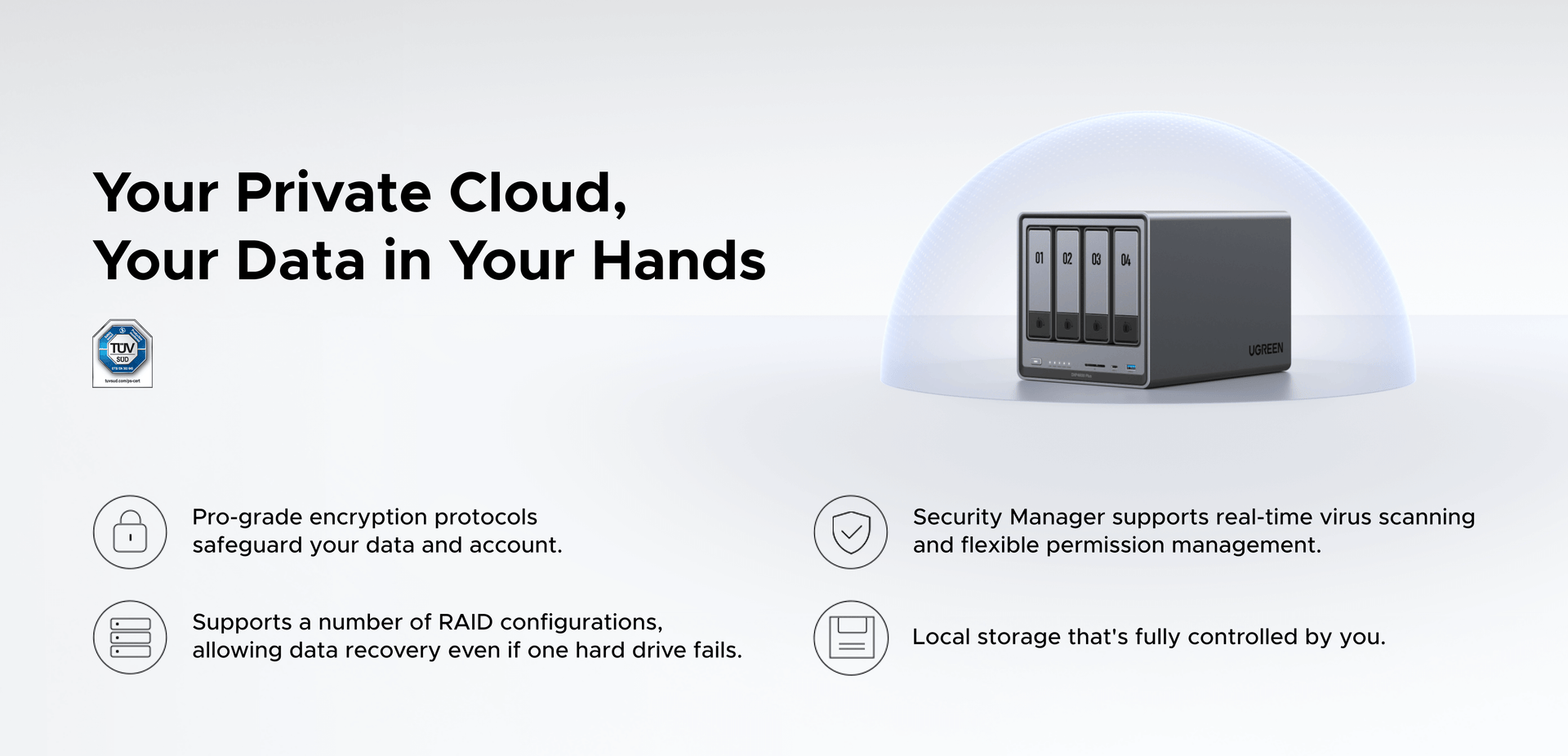 UGREEN NASync DXP4800 Plus private cloud storage with data encryption, RAID protection and secure local data control.