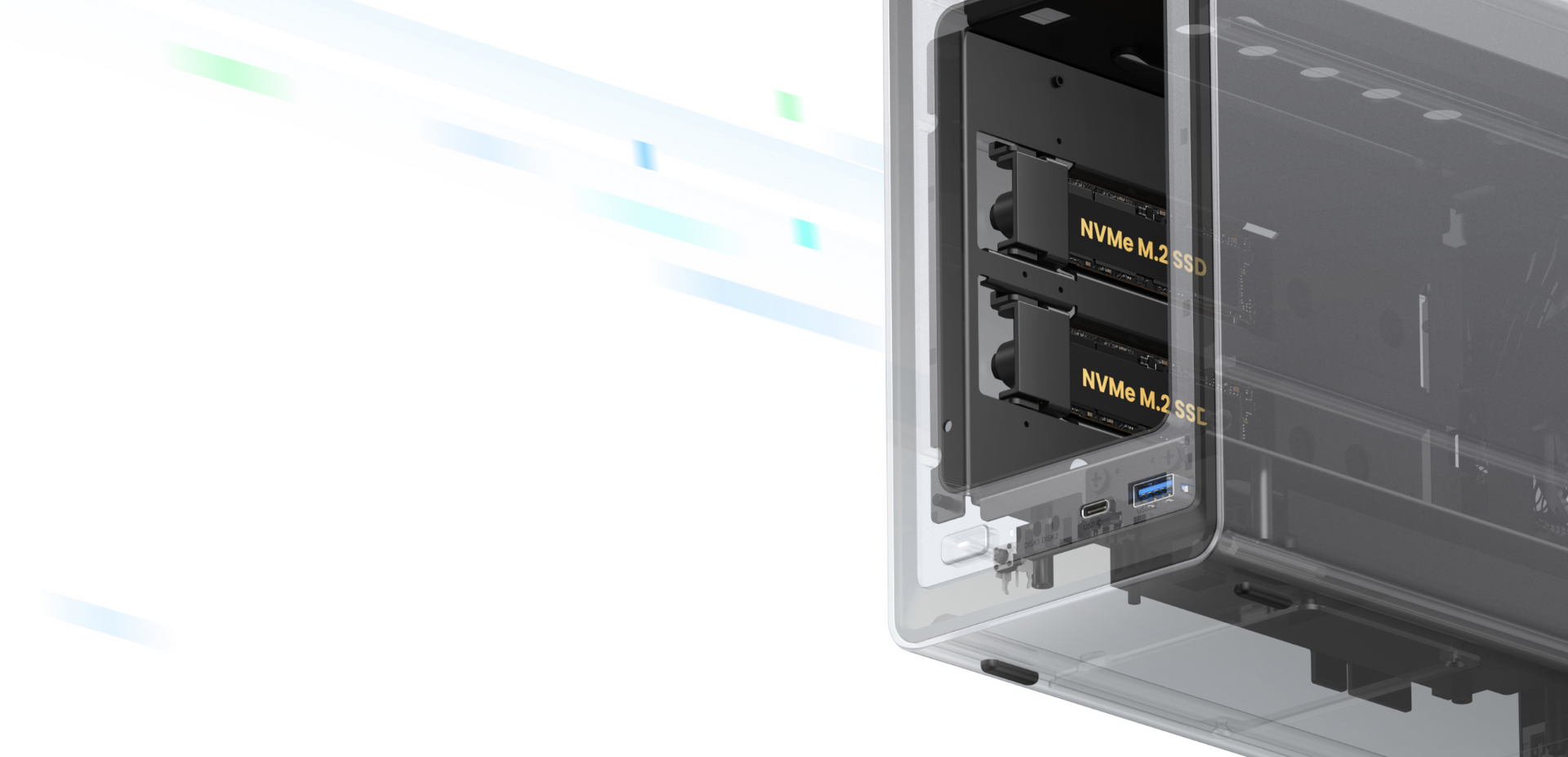 UGREEN NASync DXP2800 NVMe M.2 SSD slots for cache acceleration and faster data access.