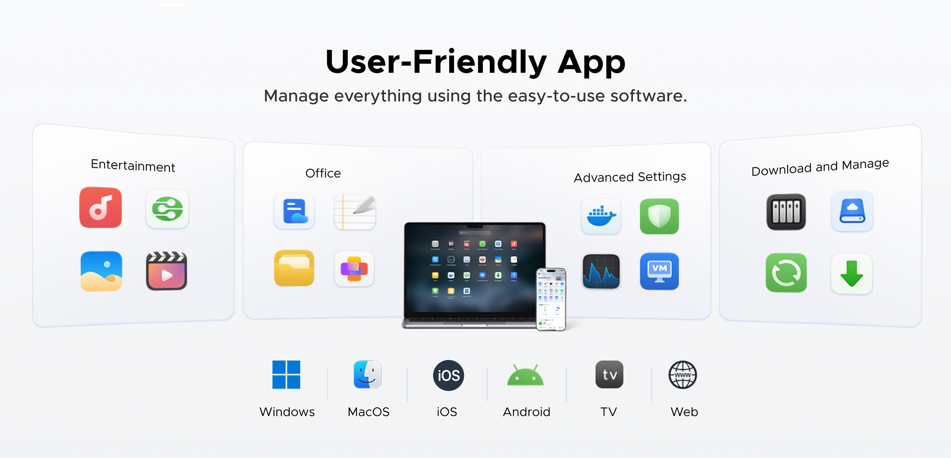 UGREEN NASync user-friendly NAS app interface with multi-device support on Windows, macOS, iOS, Android and web.