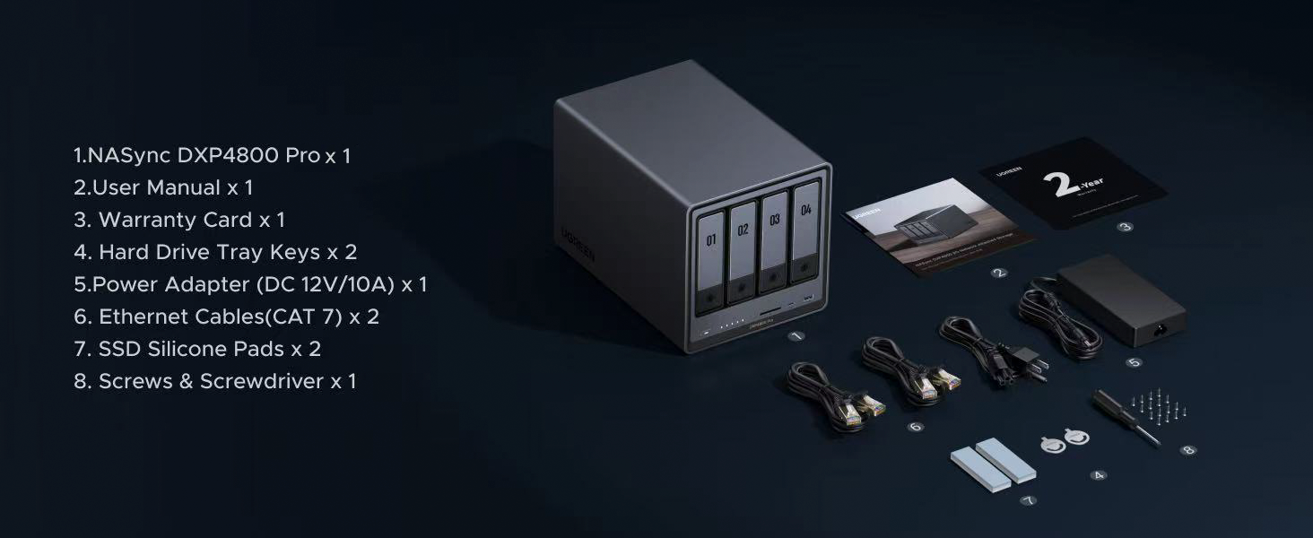 UGREEN NASync DXP4800 Pro box contents with NAS device power adapter CAT7 ethernet cables screws tools and user manual