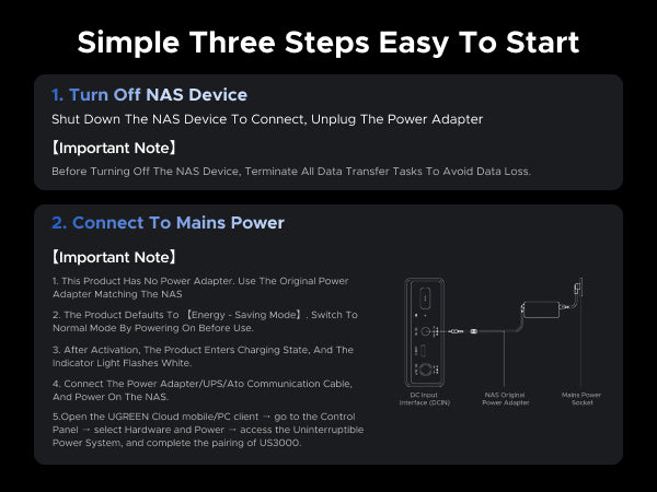 how to connect NAS UPS to main power using DC input and original power adapter step by step setup