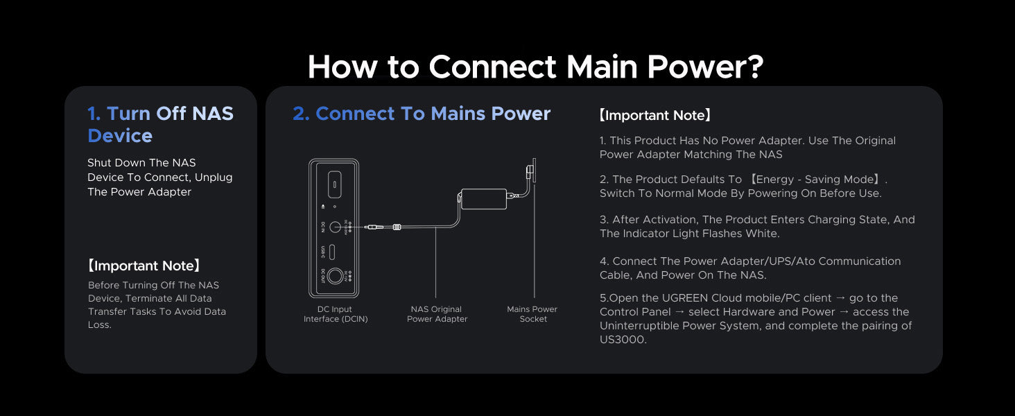 how to connect NAS UPS to main power using DC input and original power adapter step by step setup