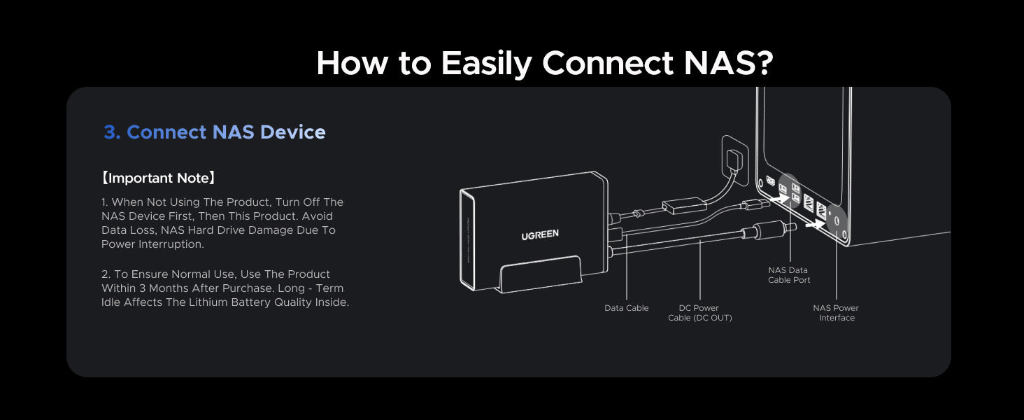 how to connect NAS to UPS backup power system using DC output and data cable for continuous operation