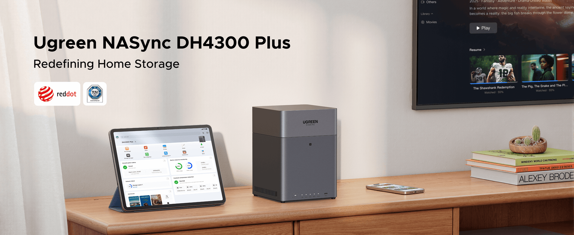 UGREEN NASync DH4300 Plus 4-bay NAS on a desk with tablet and TV in a living room