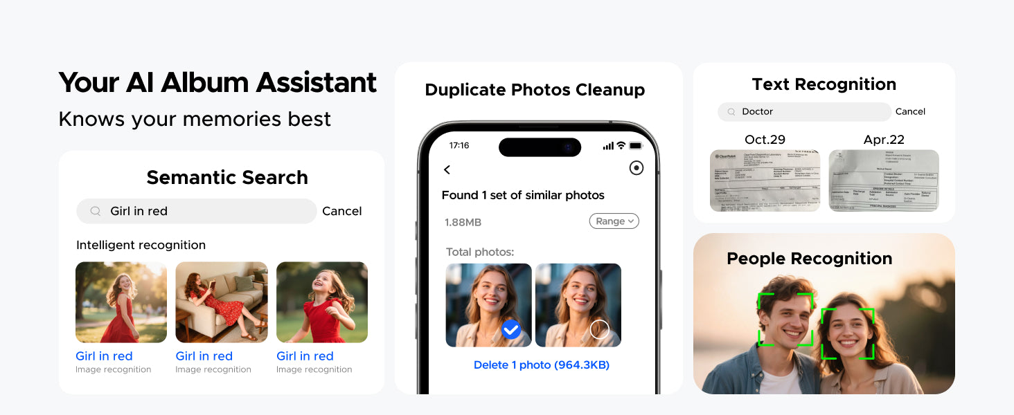 UGREEN NASync DH4300 Plus AI album features graphic showing semantic search, duplicate photo cleanup, text recognition, and people recognition