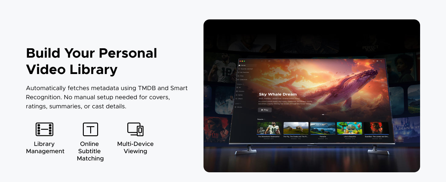 UGREEN NASync DH4300 Plus personal video library graphic showing automatic metadata matching, online subtitle matching, library management, and multi-device viewing on a TV