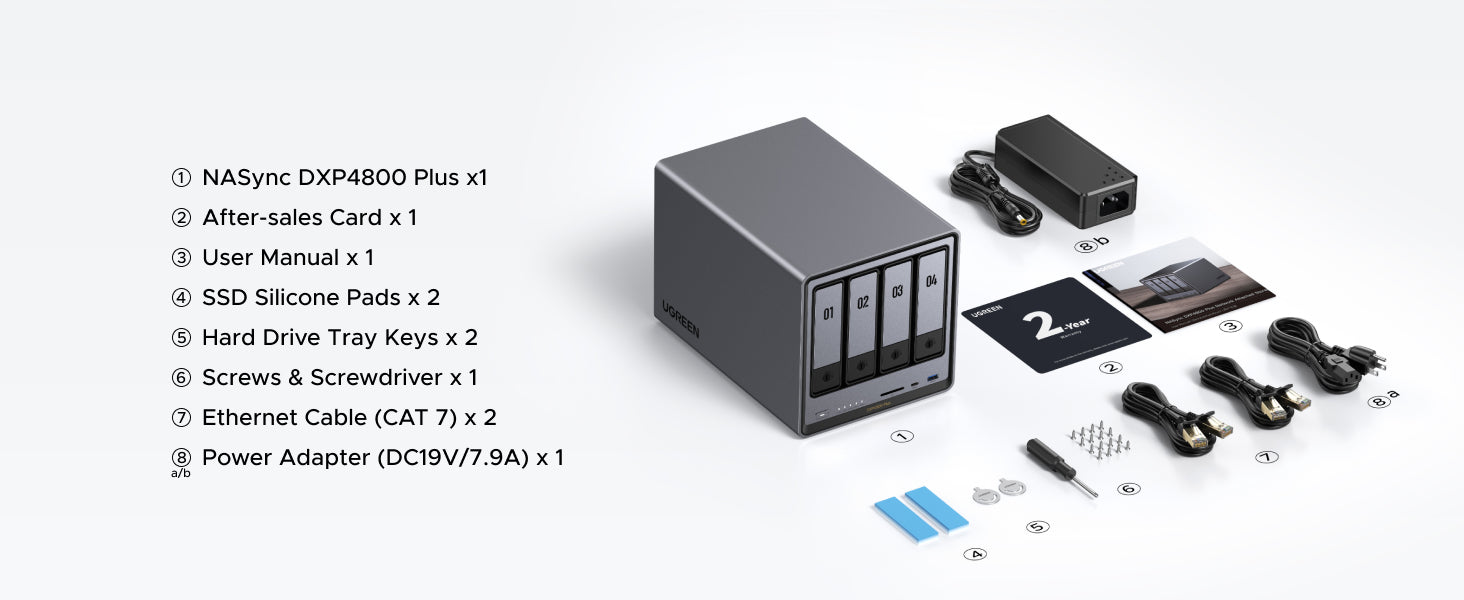 UGREEN NASync DXP4800 Plus box contents with NAS device power adapter CAT7 ethernet cables screws tools and user manual