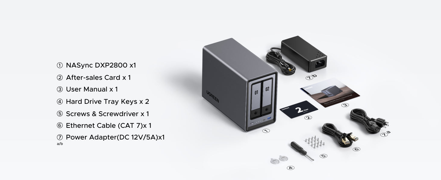 UGREEN NASync DXP2800 package contents including the NAS unit, 2x SSD silicone pads, 2x CAT7 Ethernet cables, power adapter (12V/5A), drive tray keys, screws with tool, after-sales card, and user manual.