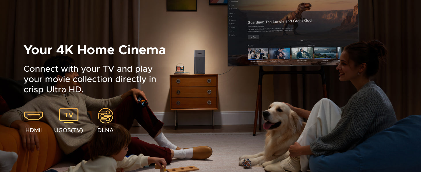 UGREEN NASync DH2300 4K home cinema setup connected to a TV in a living room.