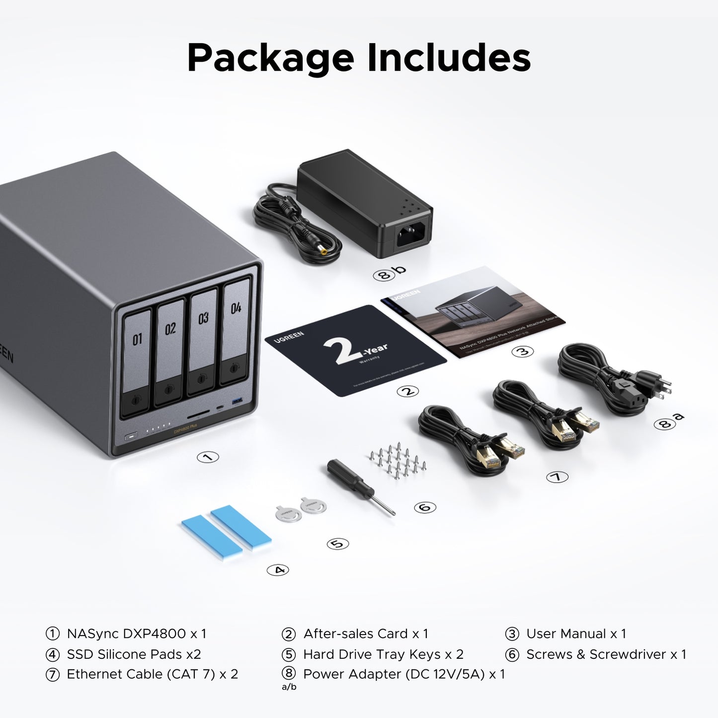 UGREEN NASync DXP4800 Plus package contents including NAS unit power adapter ethernet cables screws and accessories