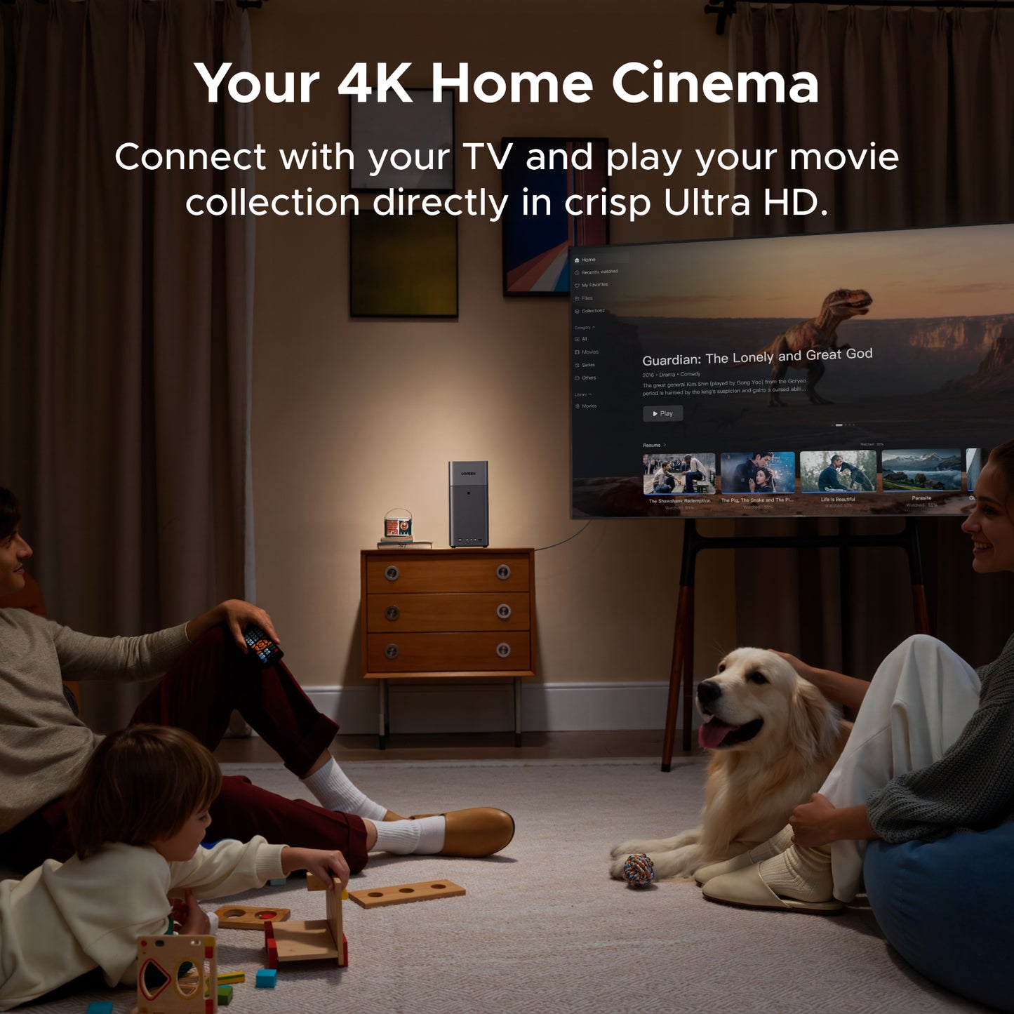 UGREEN NASync DH2300 4K home cinema setup connected to a TV in a living room.