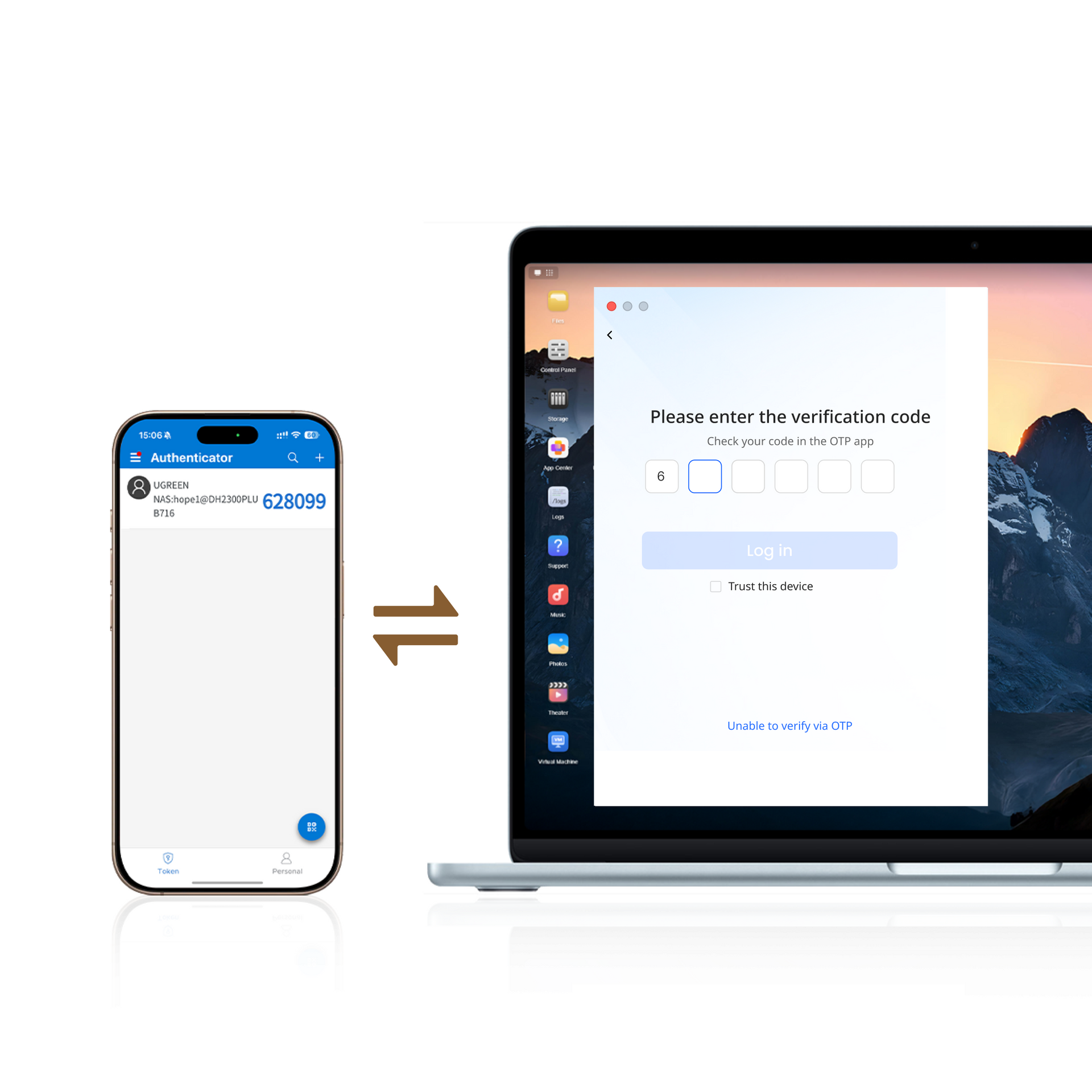 UGREEN NASync DH4300 Plus two-factor authentication graphic showing an authenticator code and OTP verification login screen