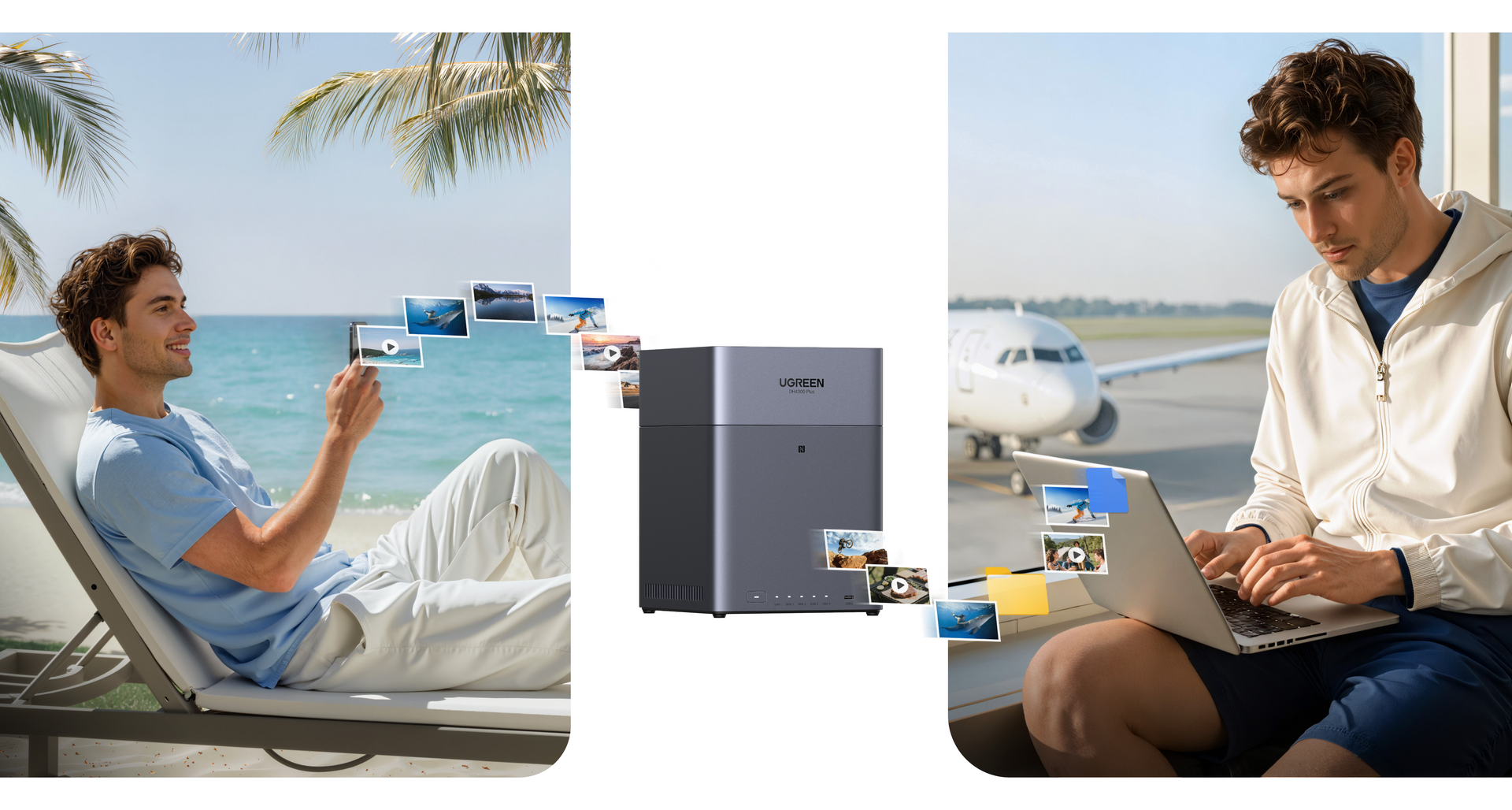 UGREEN NASync DH4300 Plus remote access lifestyle graphic showing access to photos and videos from different locations.
