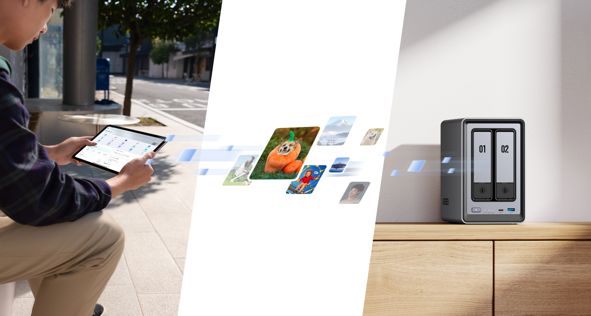 UGREEN NASync DXP2800 2-bay NAS remote access and photo backup from tablet to local storage.