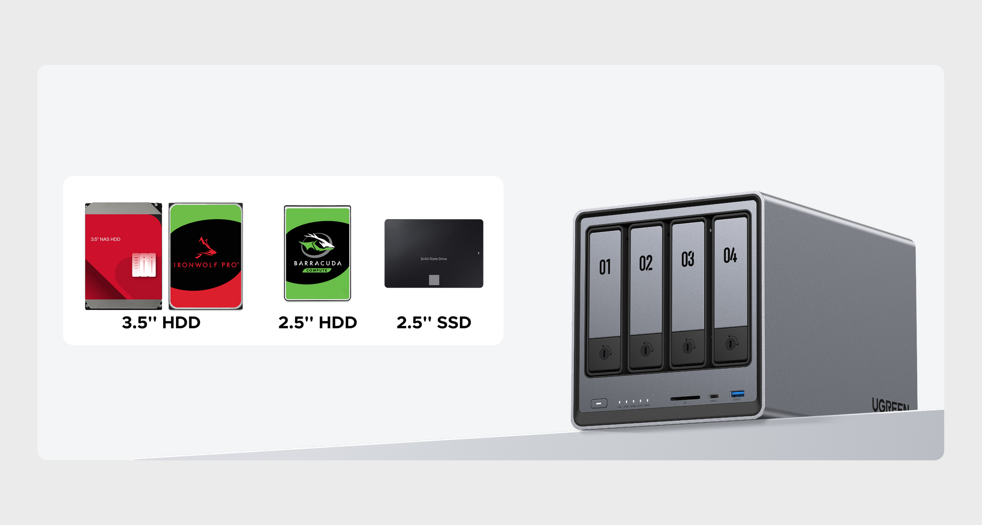 UGREEN NASync DXP4800 Pro NAS supports 3.5-inch HDD, 2.5-inch HDD, and 2.5-inch SSD.