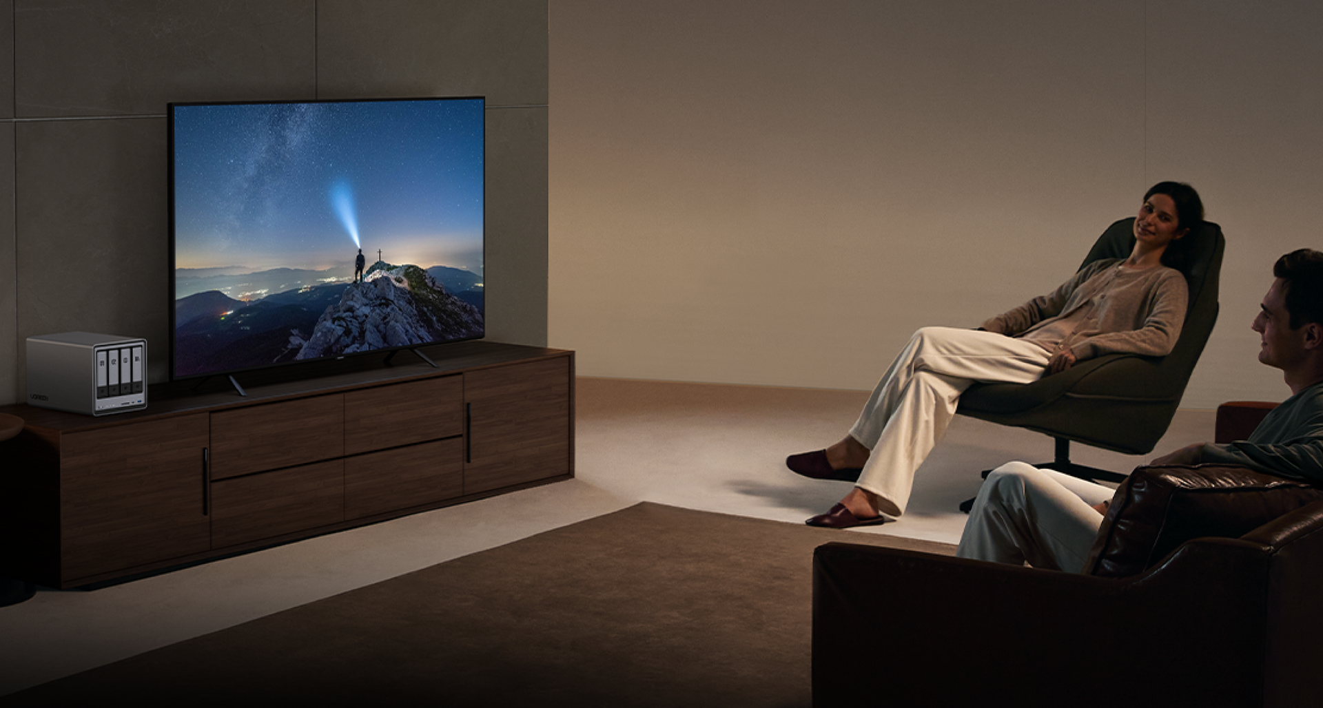 UGREEN NASync DXP4800 Plus home media server streaming movies to TV in living room environment.