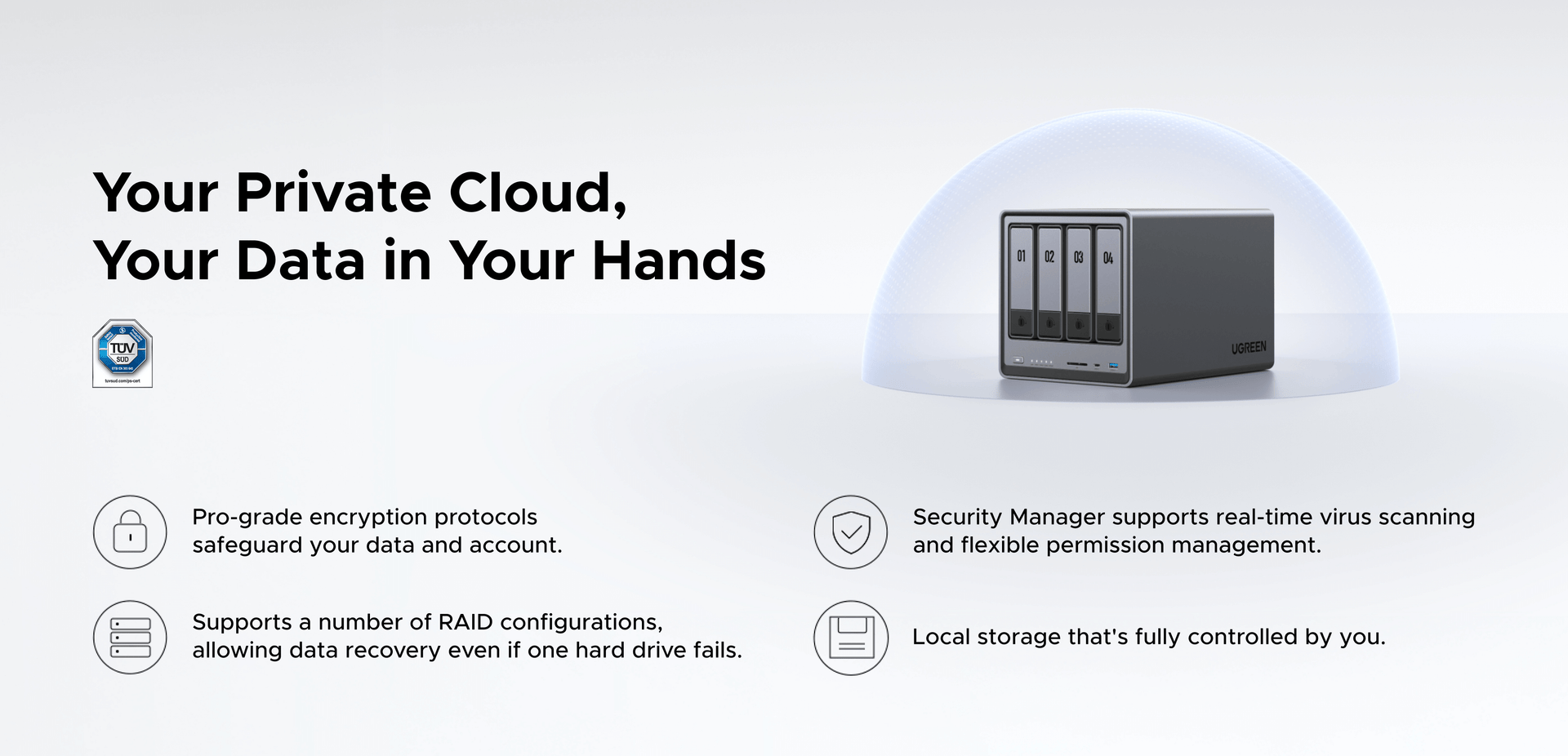 UGREEN NASync DXP4800 Pro private cloud storage with data encryption, RAID protection and secure local data control.