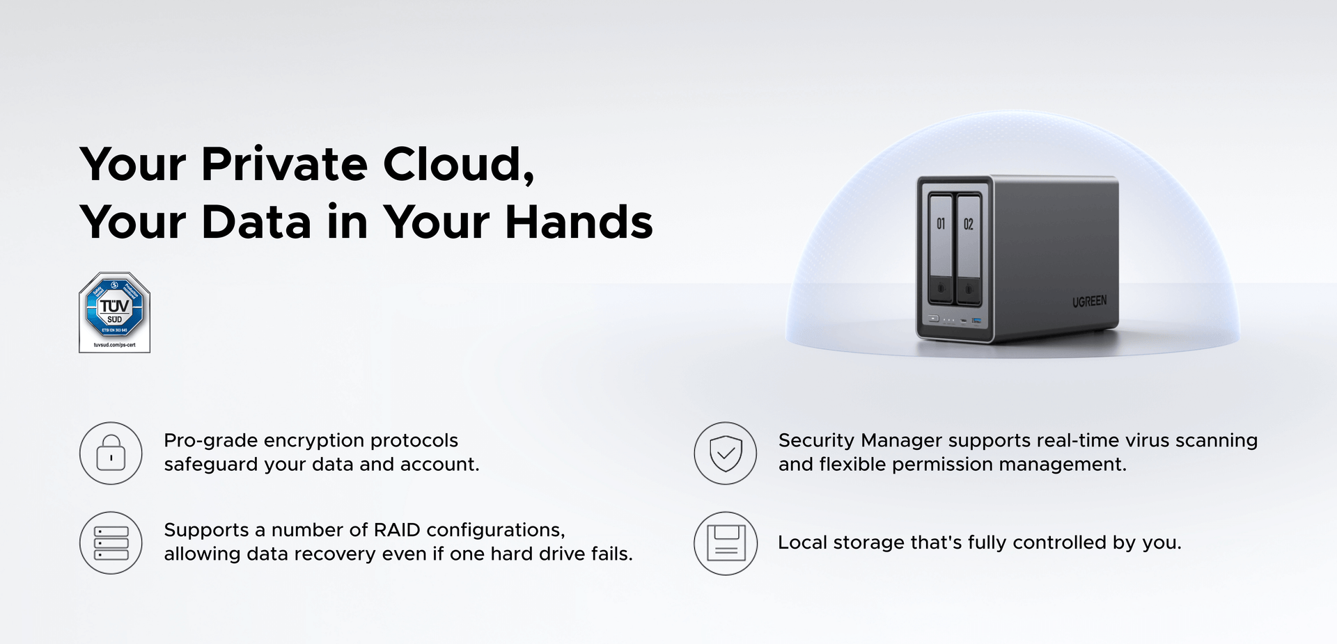 UGREEN NASync DXP2800 private cloud storage with data encryption, RAID protection and secure local data control.