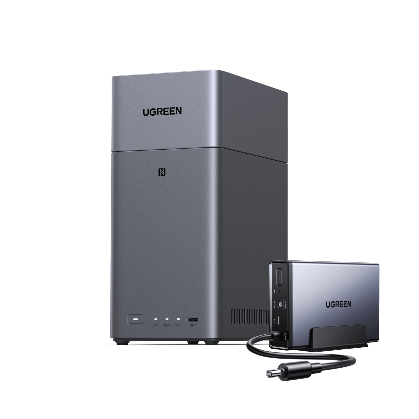 UGREEN NASync DH2300 with UGREEN 120W DC UPS backup power accessory.