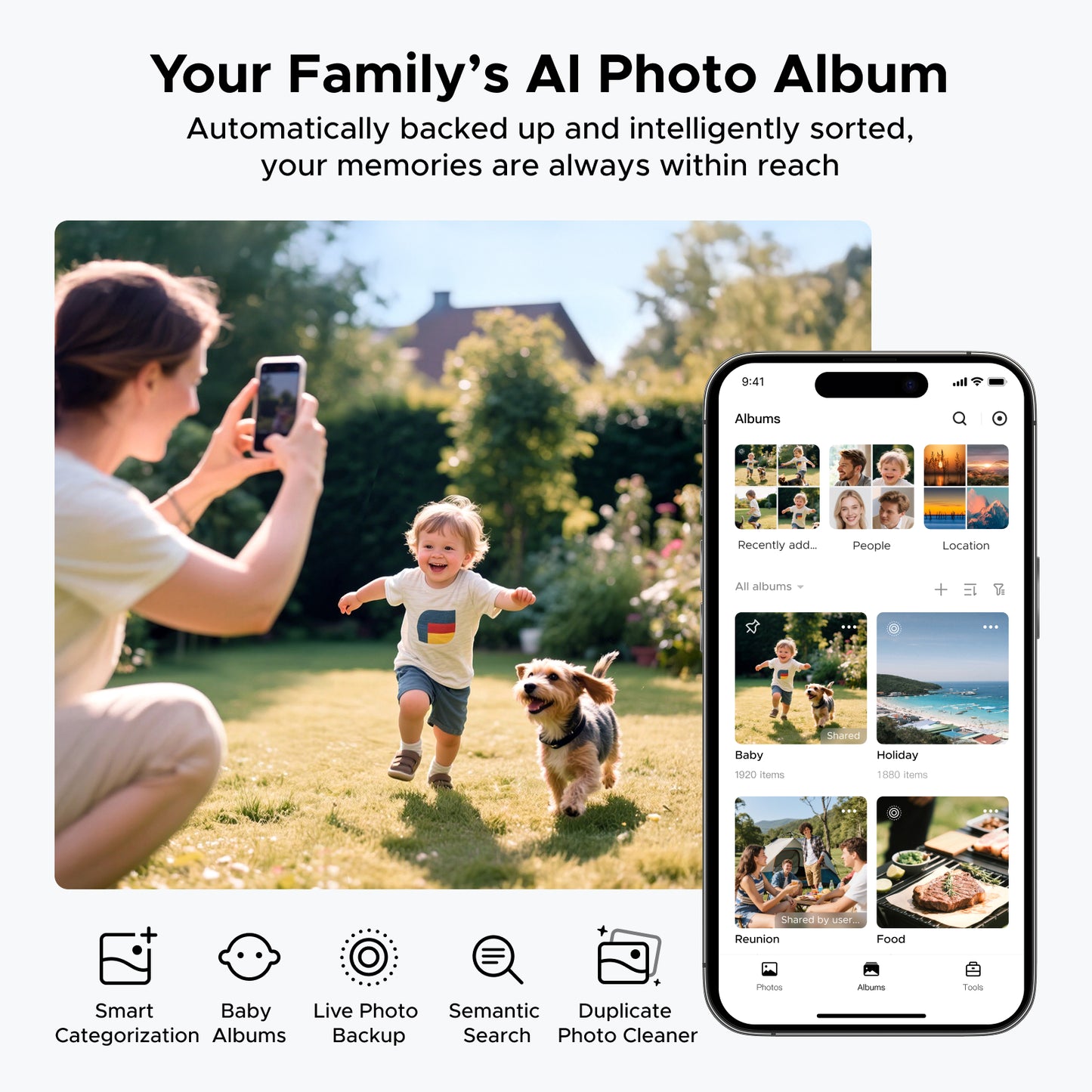 UGREEN NASync DH4300 Plus AI photo album graphic showing automatic backup, smart categorization, baby albums,Live Photo backup, semantic search, and duplicate photo cleaning.