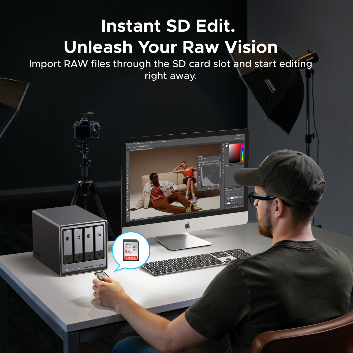UGREEN DXP4800 Pro NAS with SD card slot for importing RAW photos and instant editing for photographers and creators
