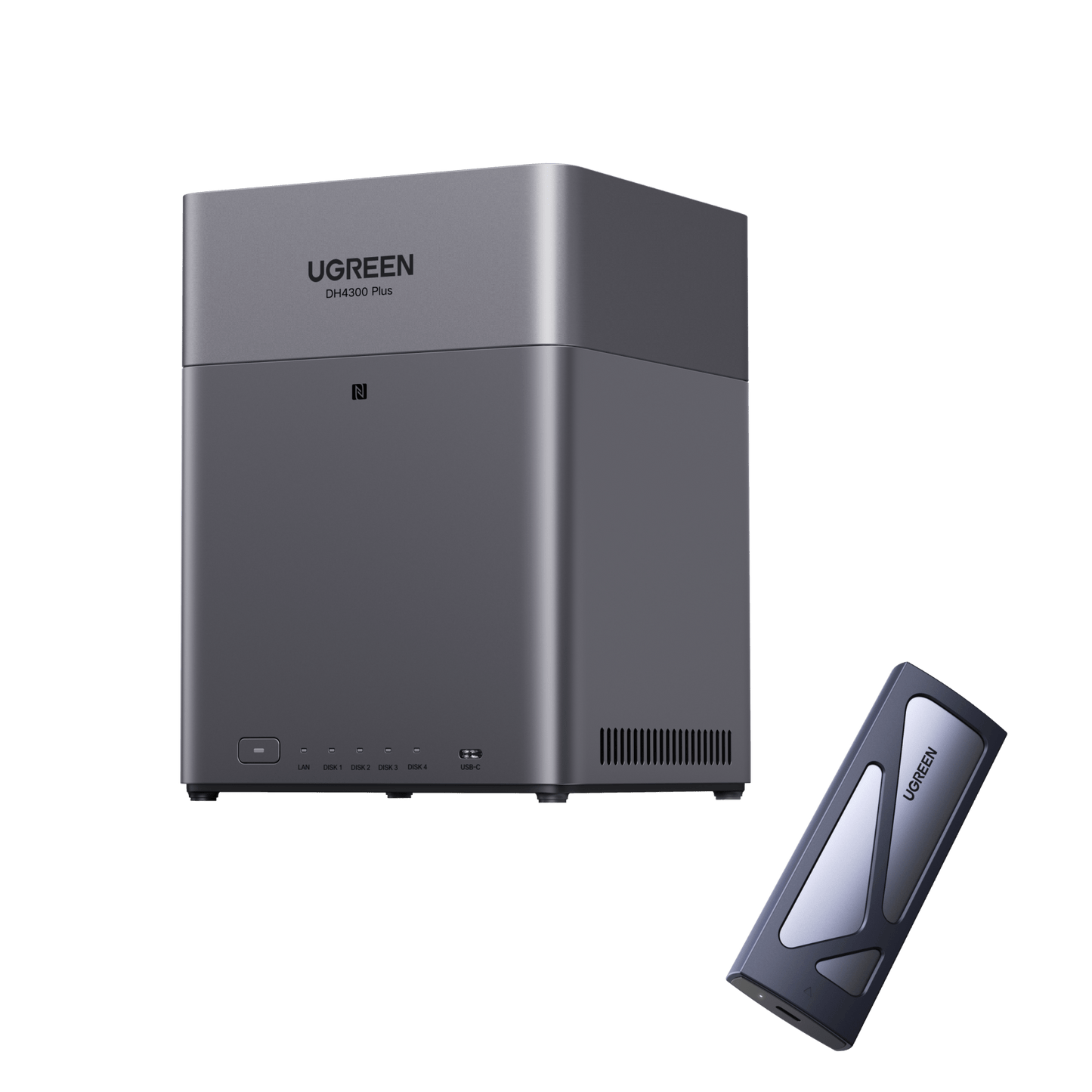 UGREEN NASync DH4300 Plus with portable SSD accessory.
