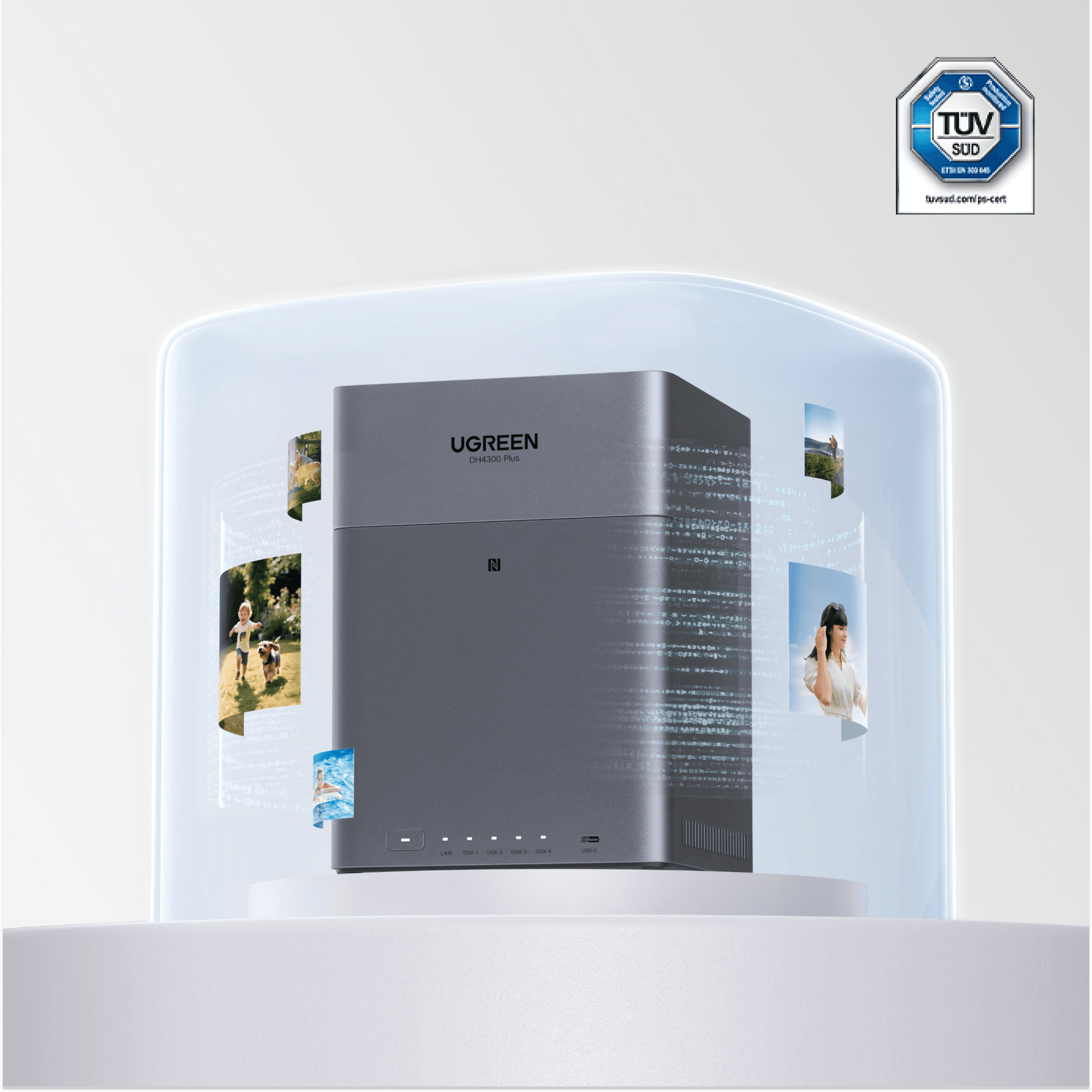 UGREEN NASync DH4300 Plus product render with floating photos and a TÜV SUD badge