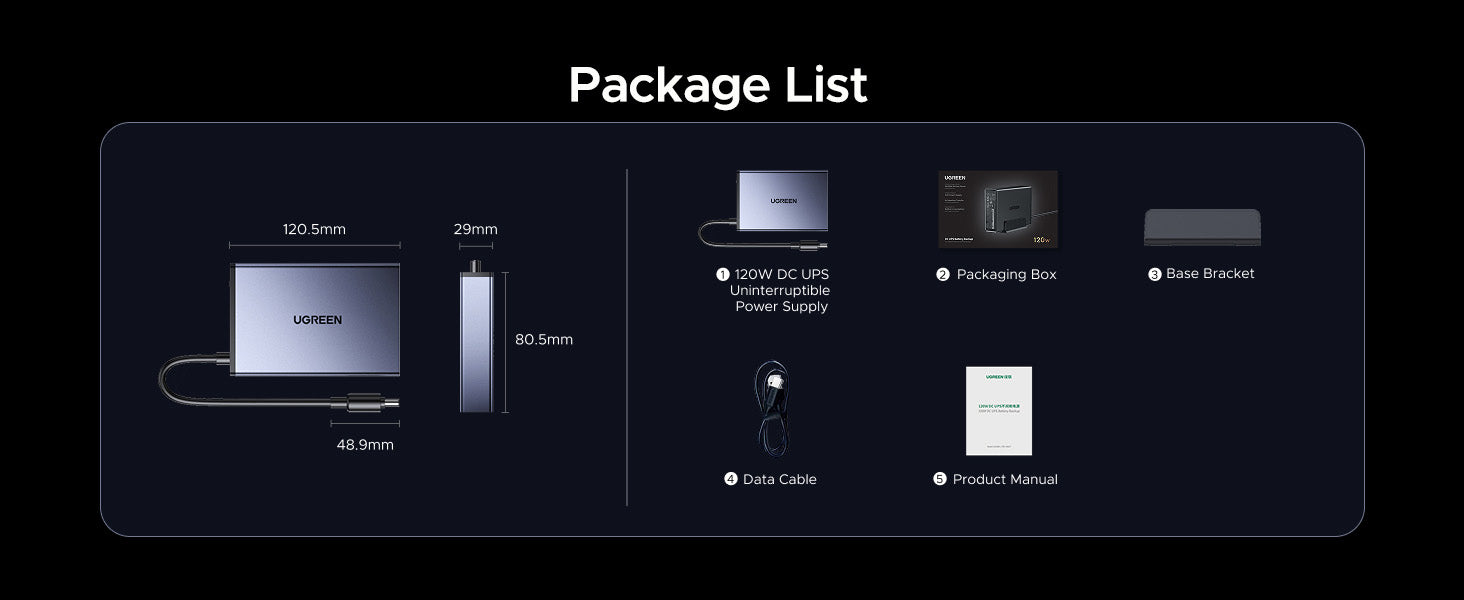 UGREEN NAS UPS package contents including 120W DC UPS data cable base bracket and user manual