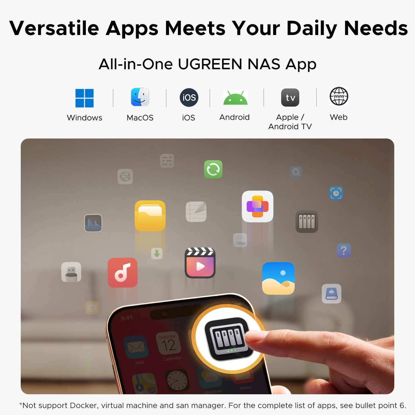 UGREEN NASync DH2300 all-in-one NAS app across Windows, macOS, iOS, Android, TV, and web.