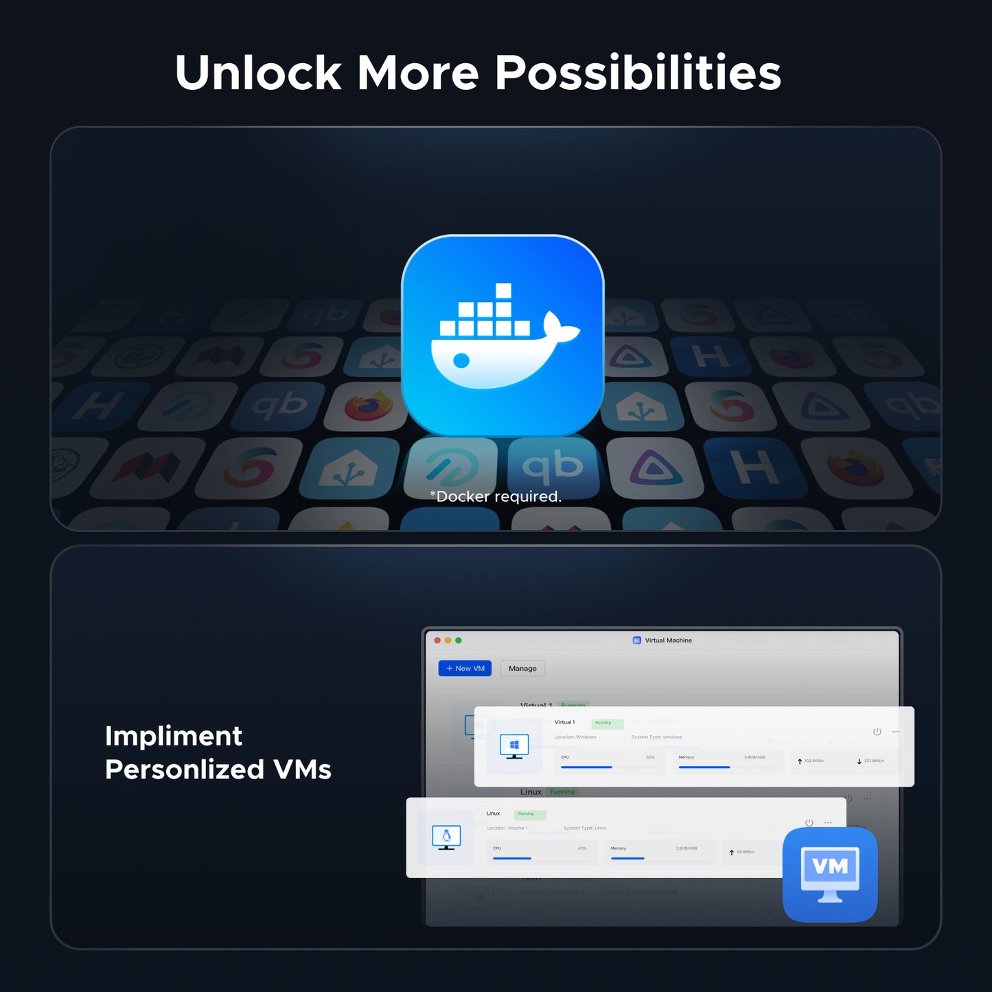UGREEN NAS DXP4800 Pro supports Docker containers and virtual machines for running apps and custom server environments