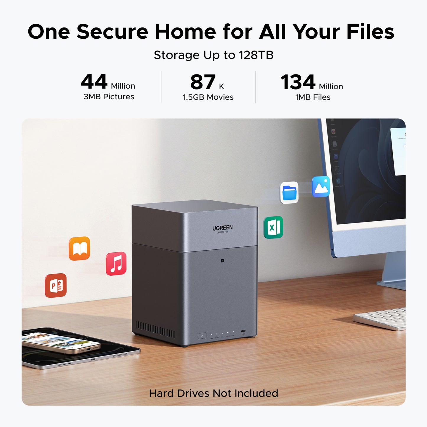 UGREEN NASync DH4300 Plus storage graphic showing up to 128TB capacity for photos, movies, and files.