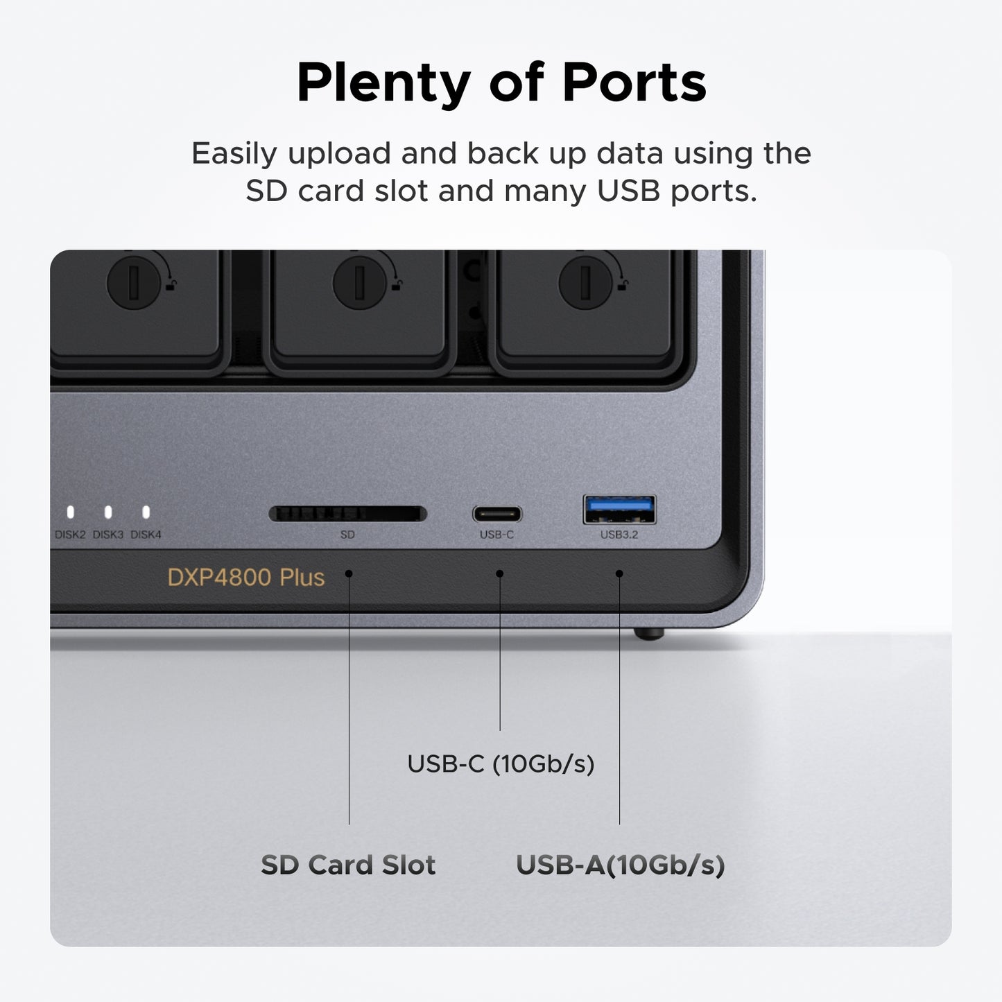 UGREEN NASync DXP4800 Plus front ports with USB-C 10Gbps USB-A and SD card slot for fast data transfer