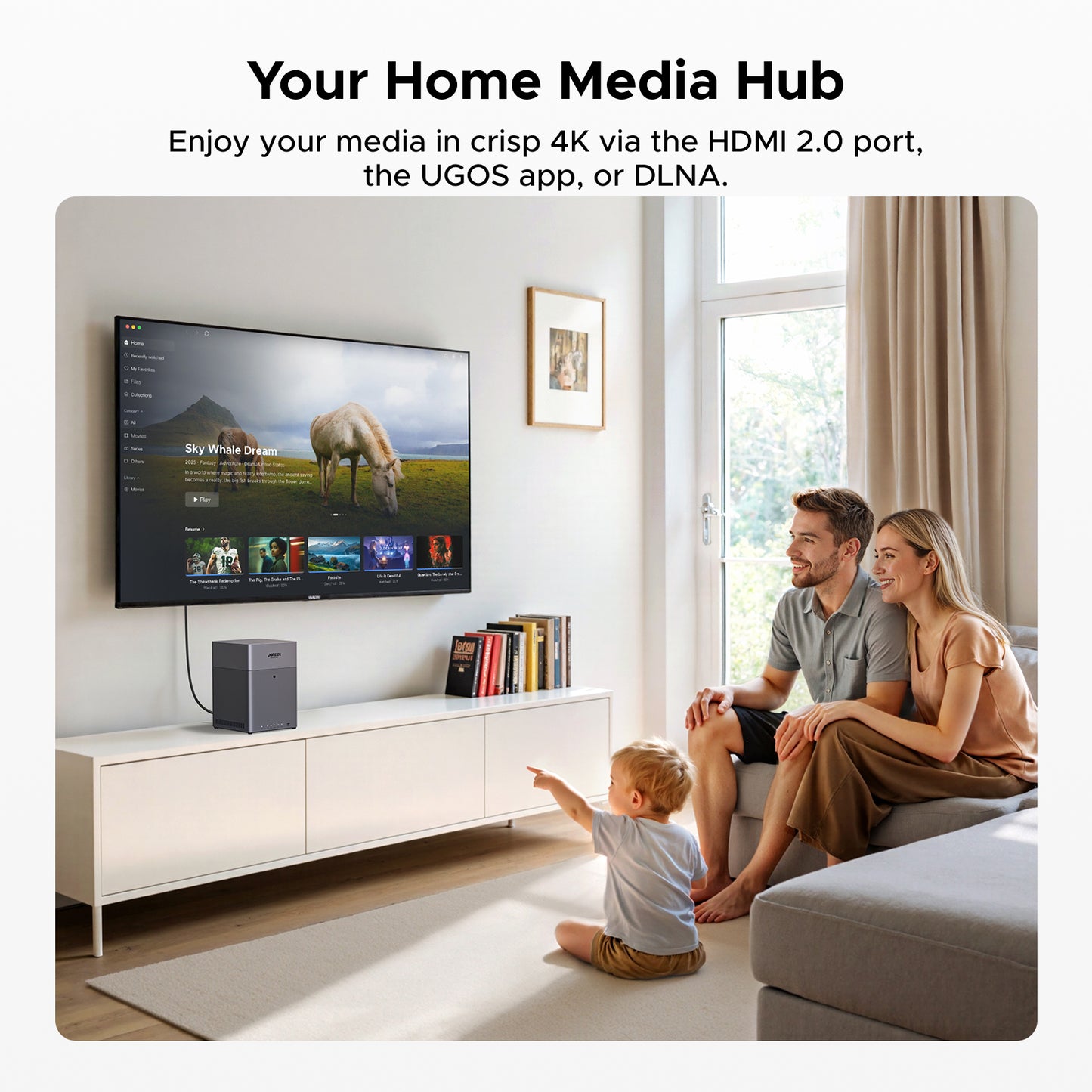 UGREEN NASync DH4300 Plus home media hub graphic showing 4K playback on a TV via HDMI, the UGOS app, or DLNA.
