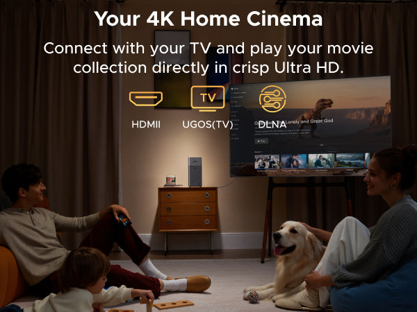 UGREEN NASync DH2300 4K home cinema setup connected to a TV in a living room.