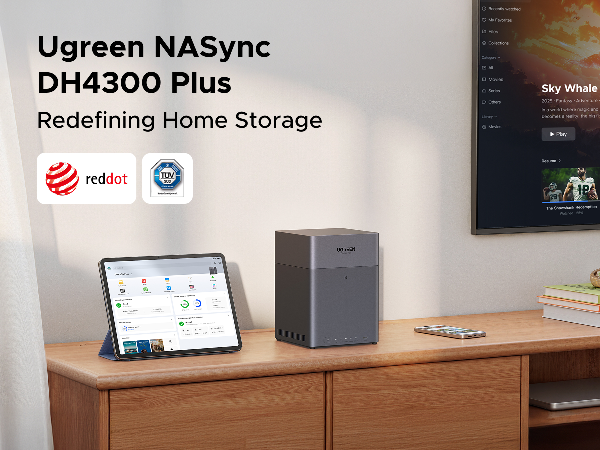 UGREEN NASync DH4300 Plus 4-bay NAS on a desk with tablet and TV in a living room