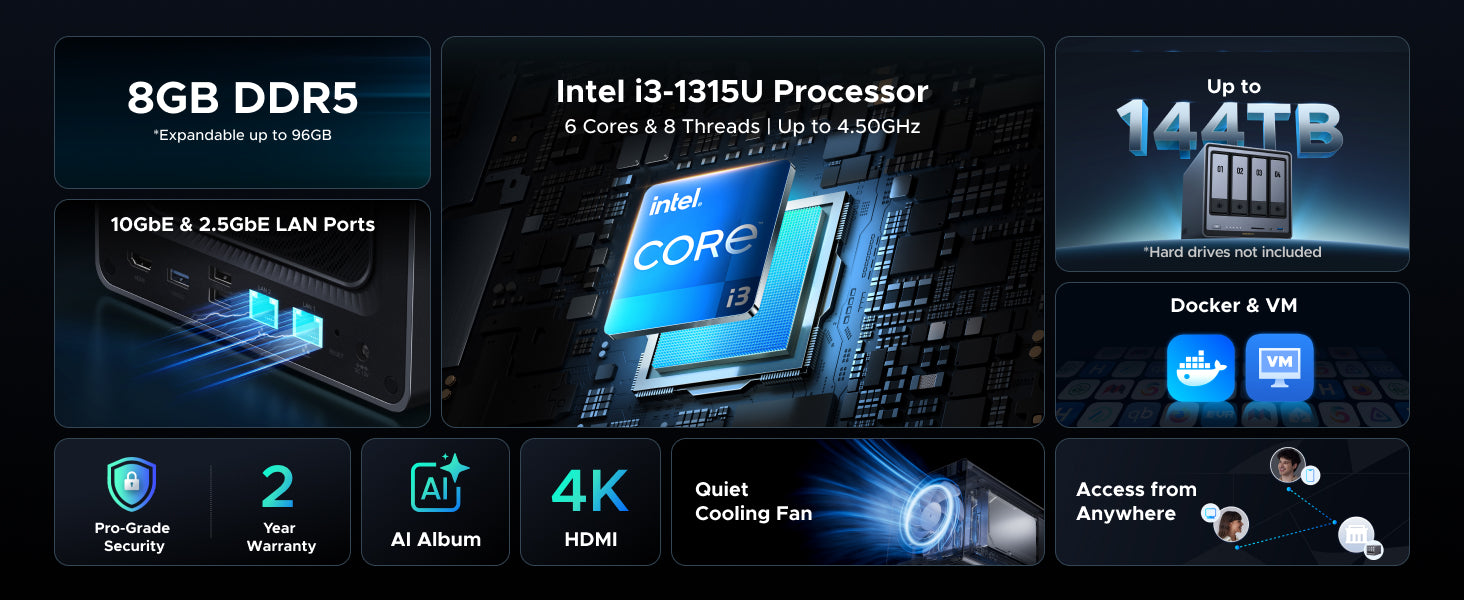 UGREEN NASync DXP4800 Pro NAS with Intel i3 processor DDR5 RAM 10GbE LAN ports 144TB storage and Docker support