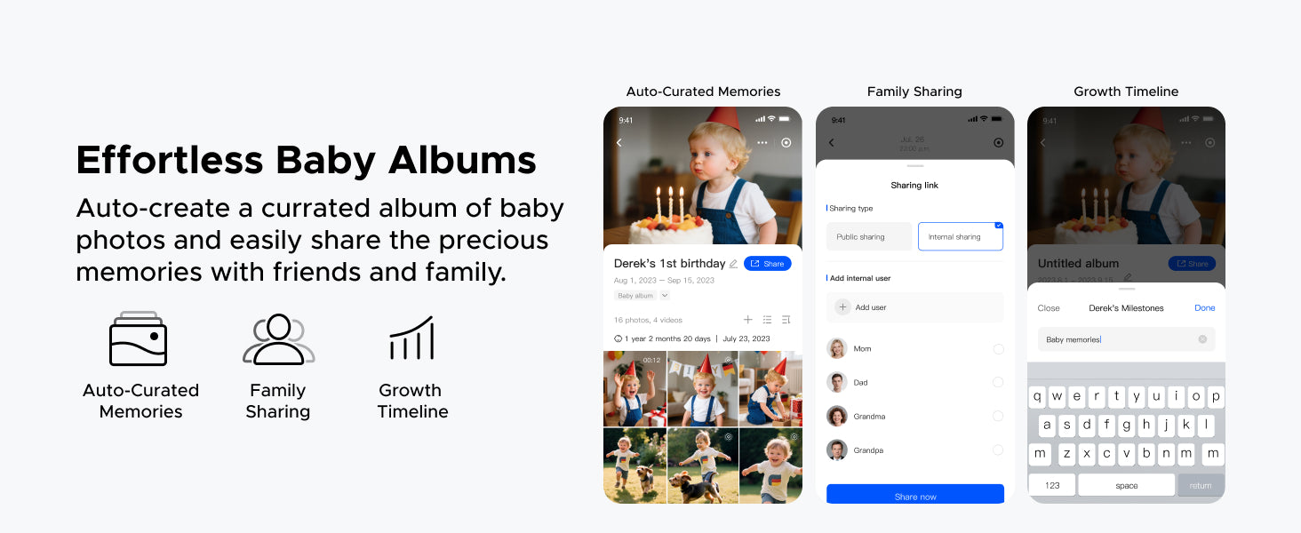 UGREEN NASync DH4300 Plus baby album features graphic showing auto-curated memories, family sharing, and a growth timeline for baby photos