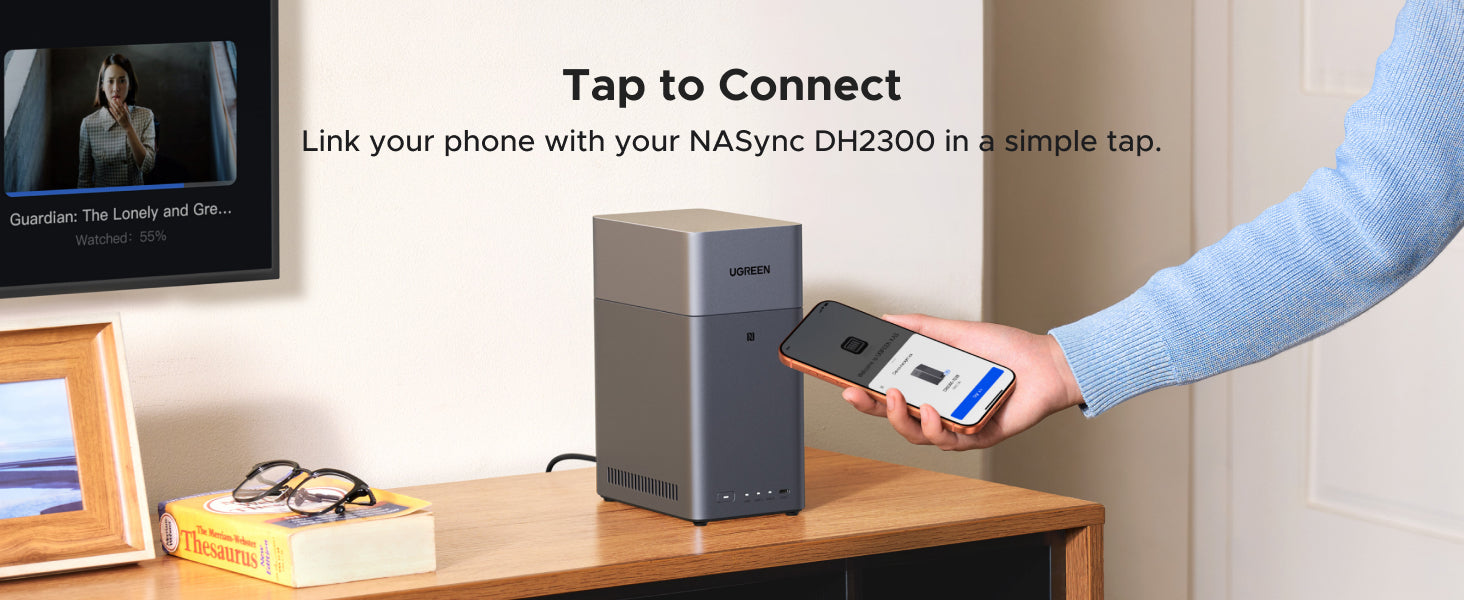 UGREEN NASync DH2300 tap-to-connect setup with a smartphone.