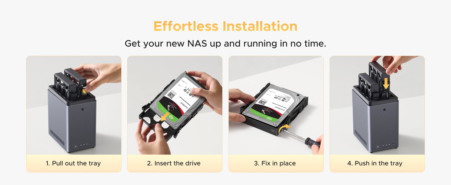 UGREEN NASync DH2300 four-step hard drive installation guide showing how to pull out the tray, insert the drive, secure it, and push the tray back in.