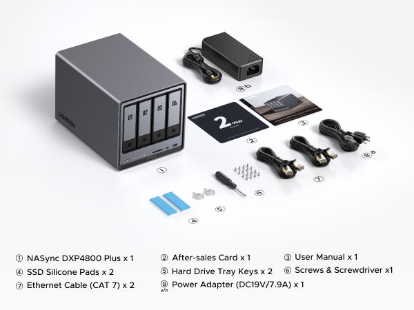 UGREEN NASync DXP4800 Plus box contents with NAS device power adapter CAT7 ethernet cables screws tools and user manual