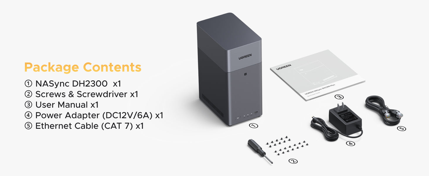 UGREEN NASync DH2300 package contents including the NAS unit, screws, screwdriver, user manual, power adapter, and Ethernet cable.