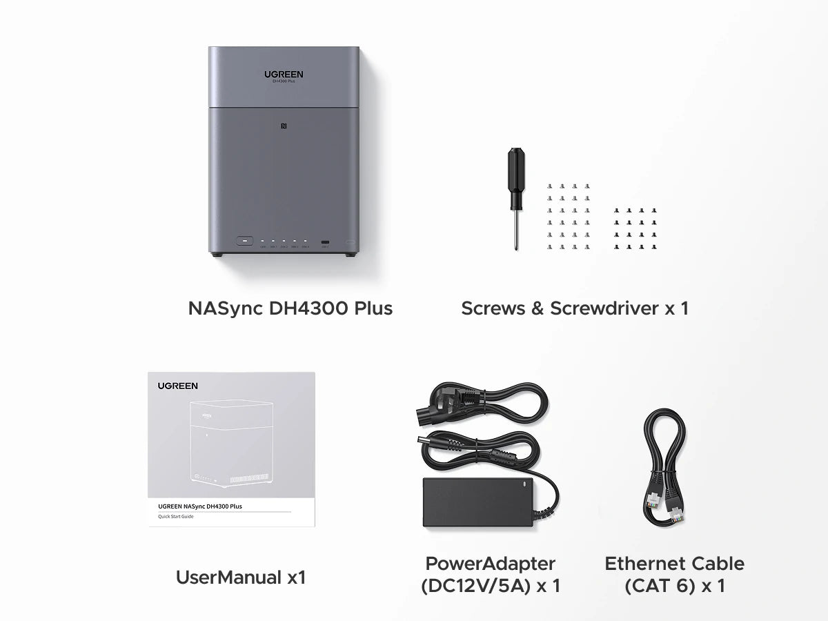 UGREEN NASync DH4300 Plus package contents including the NAS unit, screws, screwdriver, user manual, power adapter, and Ethernet cable