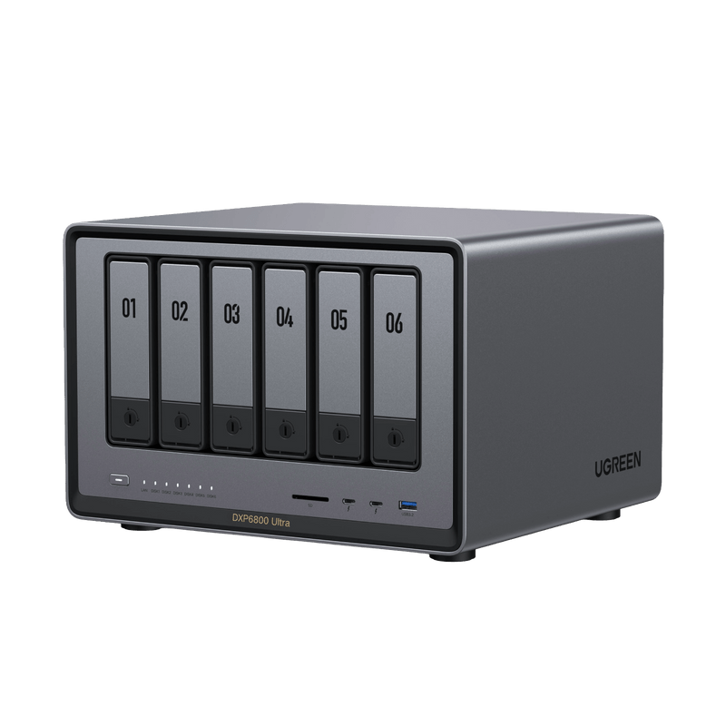 UGREEN DXP6800 Ultra featuring six front-facing drive bays with status LEDs and ports, and a USB port on the side.