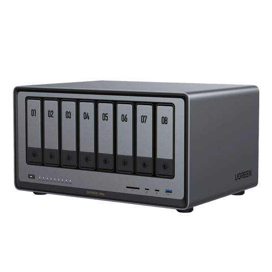UGREEN NASync DXP8800 Ultra 8-bay NAS with front panel ports and status indicators.